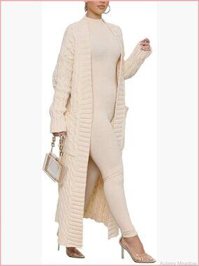 Open Front Chunky Cable Knit Duster Cardigan with Pockets Women's Plus Size